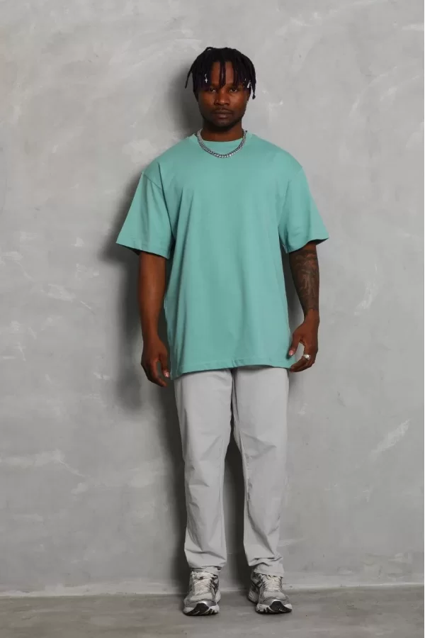 Luz&Pos Unisex Oversize Düz Bisiklet Yaka T-shirt - Mint Yeşili