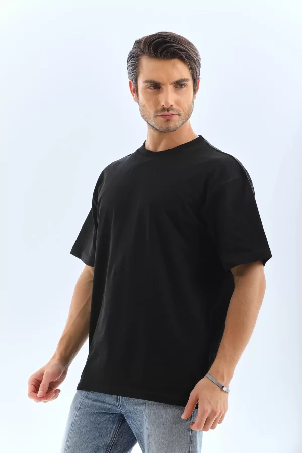 Luz&Pos Unisex Oversize Düz Bisiklet Yaka T-shirt - Siyah