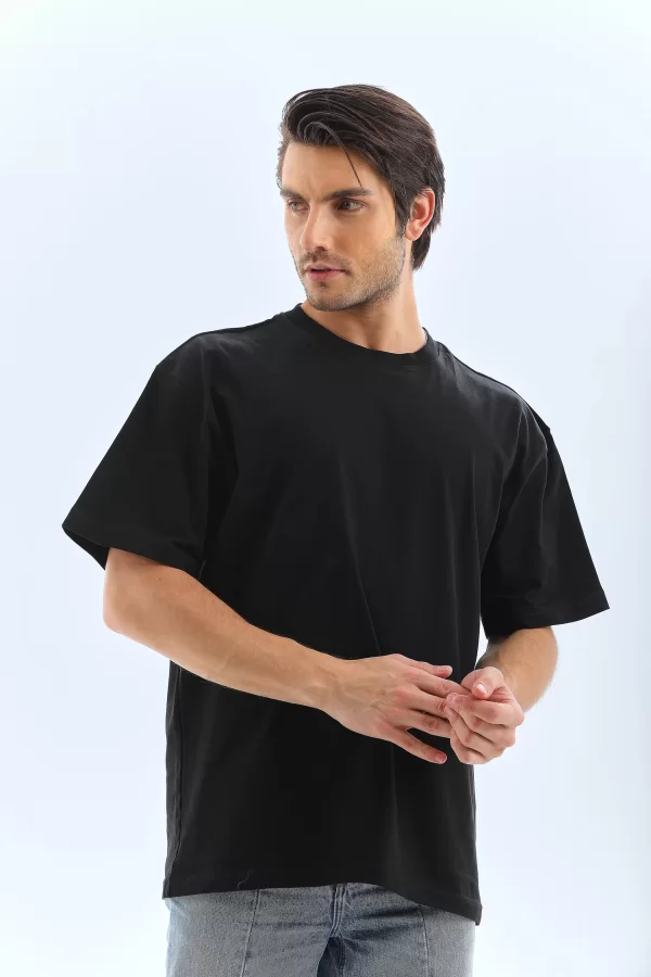 Luz&Pos Unisex Oversize Düz Bisiklet Yaka T-shirt - Siyah