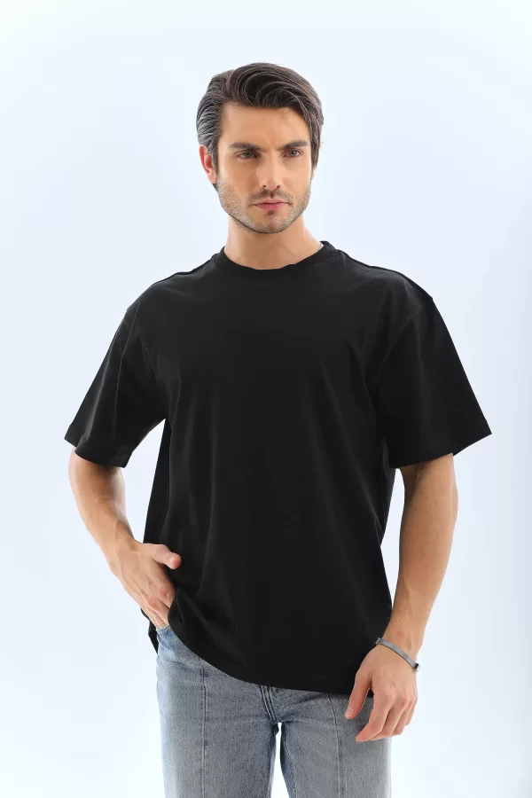 Luz&Pos Unisex Oversize Düz Bisiklet Yaka T-shirt - Siyah