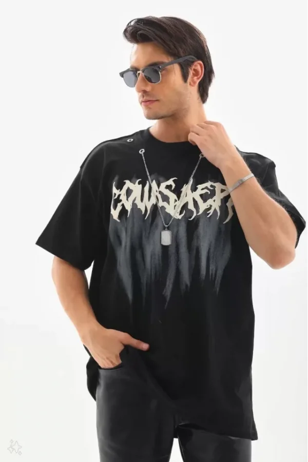 Unisex Oversize Kolye Dahil T-Shirt - Siyah