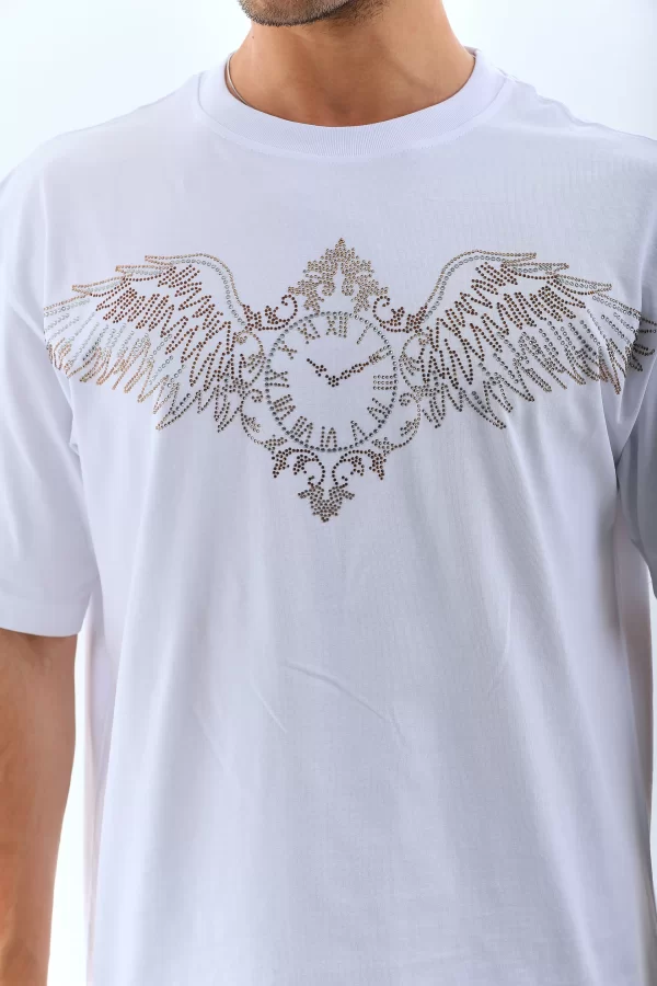 Luz&Pos Unisex Oversize Taşlı Bisiklet Yaka T-shirt - Beyaz