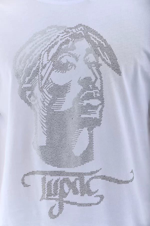 Luz&Pos Unisex Oversize Taşlı Bisiklet Yaka T-shirt - Beyaz