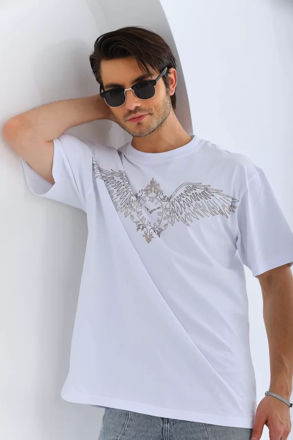 Luz&Pos Unisex Oversize Taşlı Bisiklet Yaka T-shirt - Beyaz