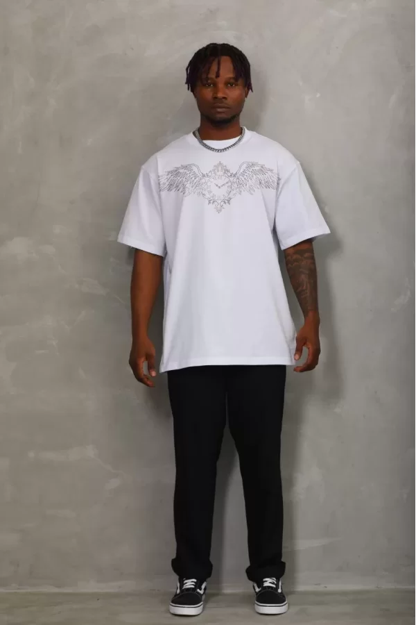 Luz&Pos Unisex Oversize Taşlı Bisiklet Yaka T-shirt - Beyaz