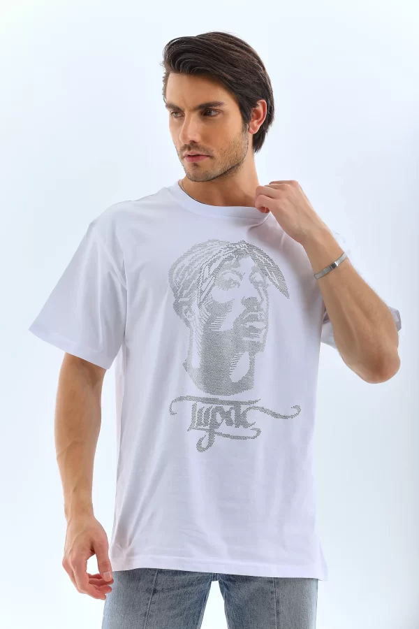 Luz&Pos Unisex Oversize Taşlı Bisiklet Yaka T-shirt - Beyaz