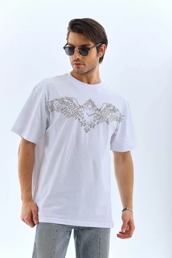 Luz&Pos Unisex Oversize Taşlı Bisiklet Yaka T-shirt - Beyaz