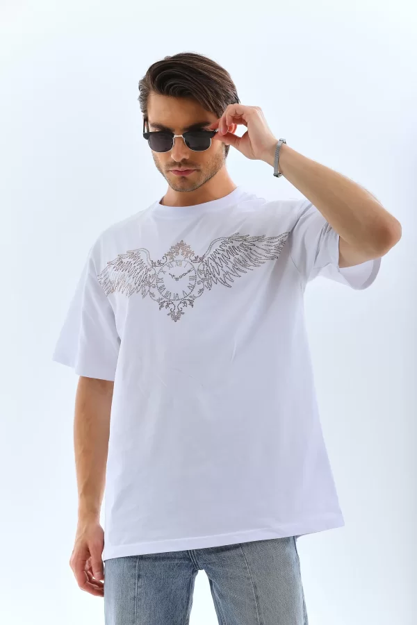 Luz&Pos Unisex Oversize Taşlı Bisiklet Yaka T-shirt - Beyaz