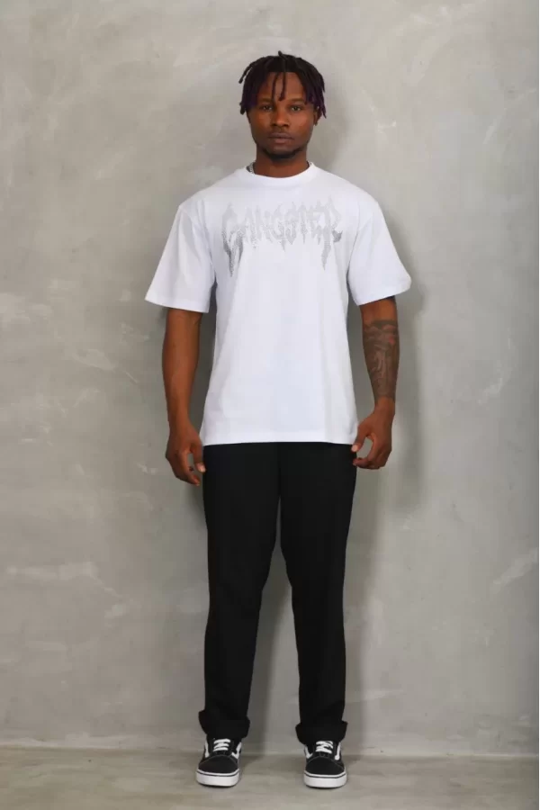 Luz&Pos Unisex Oversize Taşlı Bisiklet Yaka T-shirt - Beyaz