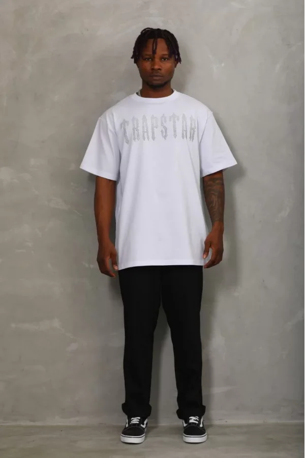 Luz&Pos Unisex Oversize Taşlı Bisiklet Yaka T-shirt - Beyaz