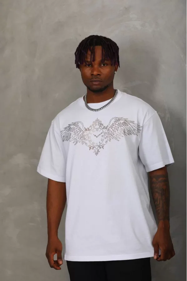 Luz&Pos Unisex Oversize Taşlı Bisiklet Yaka T-shirt - Beyaz
