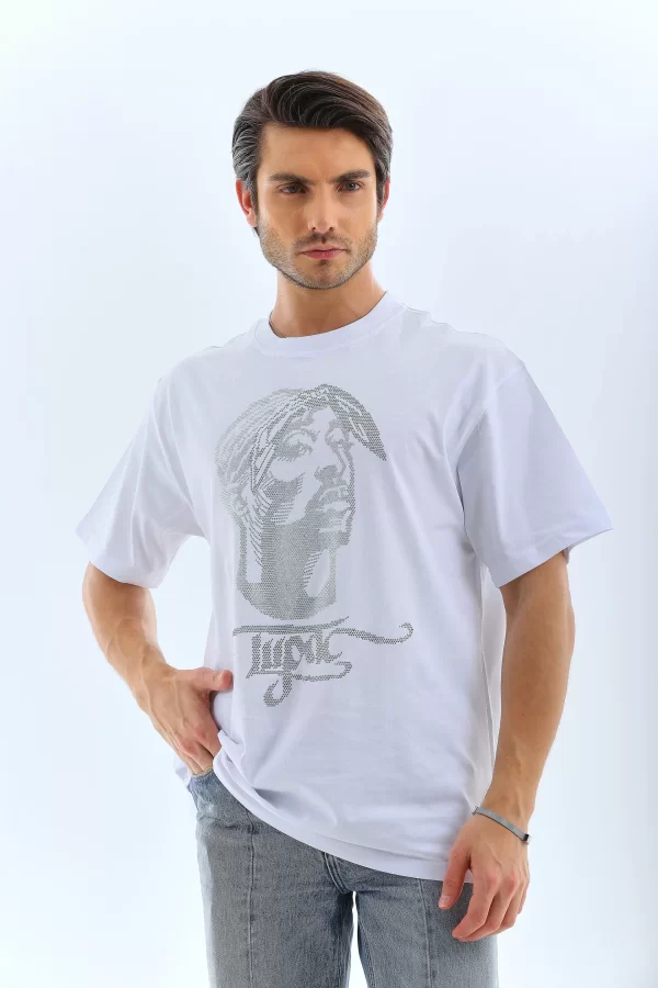 Luz&Pos Unisex Oversize Taşlı Bisiklet Yaka T-shirt - Beyaz