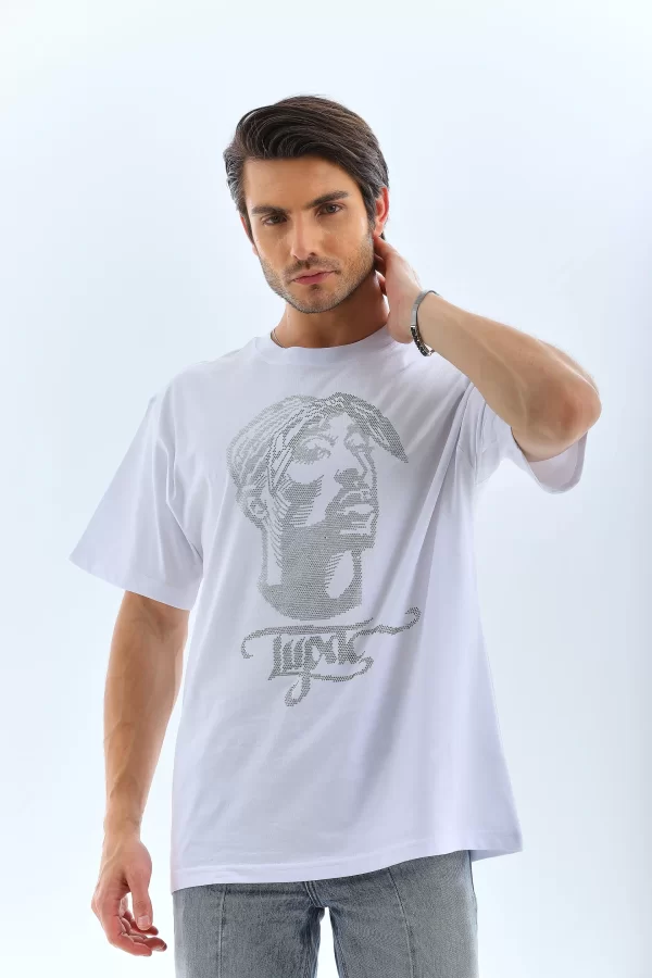 Luz&Pos Unisex Oversize Taşlı Bisiklet Yaka T-shirt - Beyaz