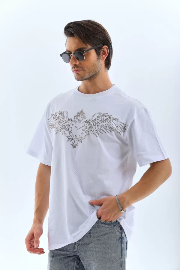 Luz&Pos Unisex Oversize Taşlı Bisiklet Yaka T-shirt - Beyaz