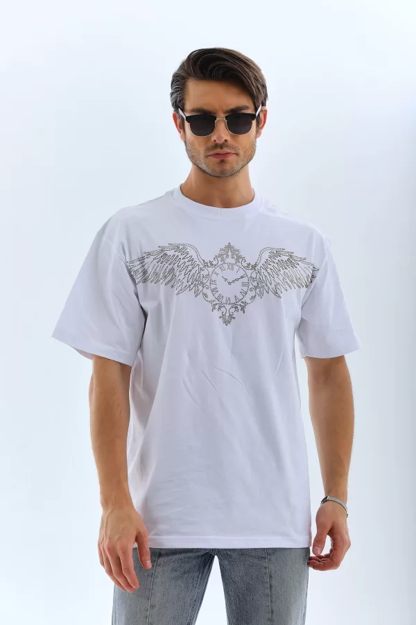 Luz&Pos Unisex Oversize Taşlı Bisiklet Yaka T-shirt - Beyaz