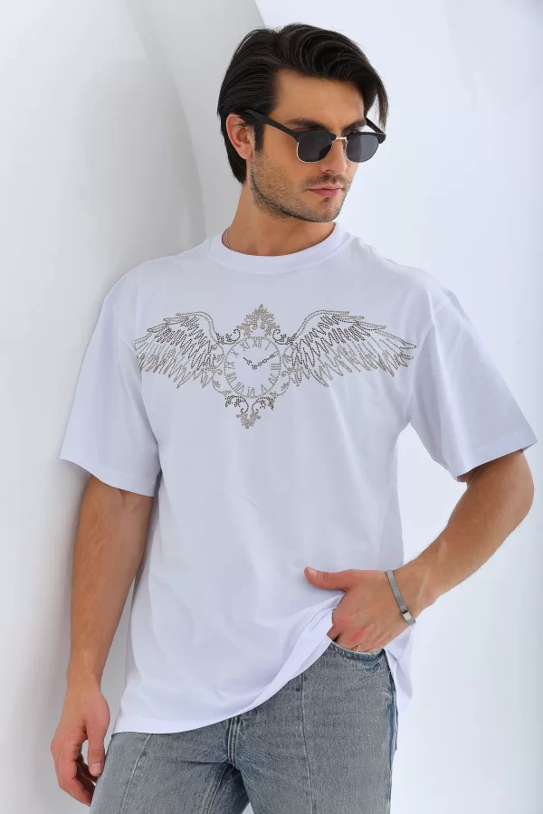 Luz&Pos Unisex Oversize Taşlı Bisiklet Yaka T-shirt - Beyaz