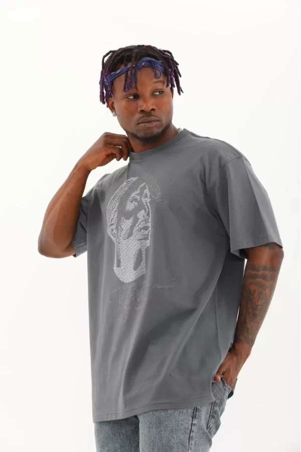 Luz&Pos Unisex Oversize Taşlı Bisiklet Yaka T-shirt - Füme