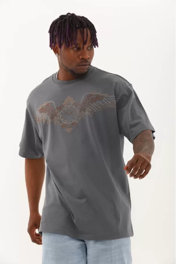 Luz&Pos Unisex Oversize Taşlı Bisiklet Yaka T-shirt - Füme