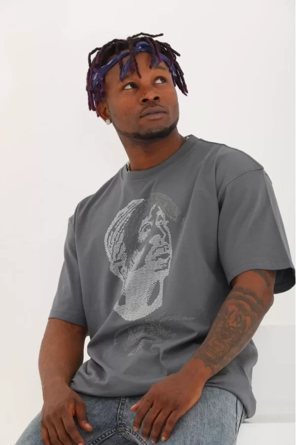 Luz&Pos Unisex Oversize Taşlı Bisiklet Yaka T-shirt - Füme