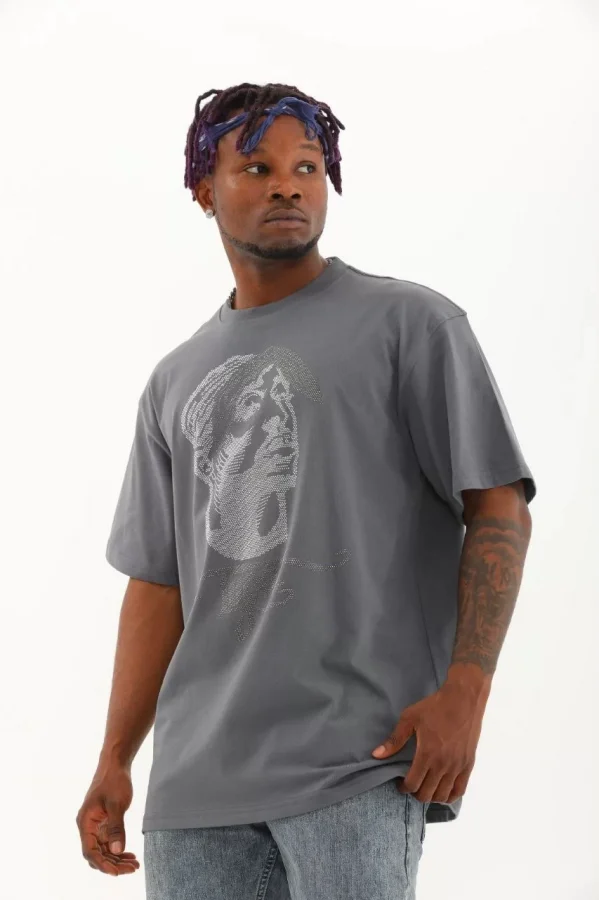 Luz&Pos Unisex Oversize Taşlı Bisiklet Yaka T-shirt - Füme