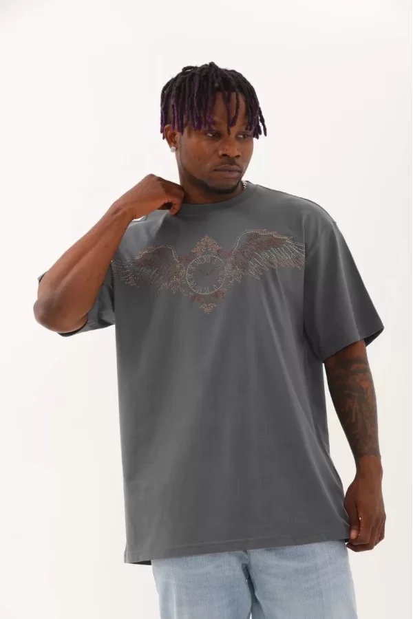 Luz&Pos Unisex Oversize Taşlı Bisiklet Yaka T-shirt - Füme