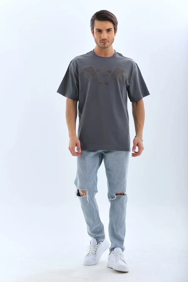 Luz&Pos Unisex Oversize Taşlı Bisiklet Yaka T-shirt - Füme