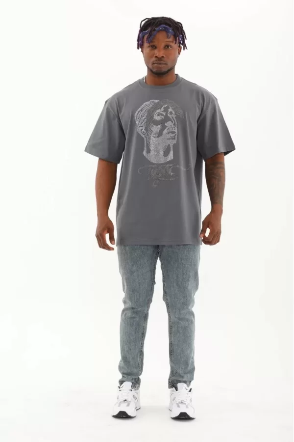 Luz&Pos Unisex Oversize Taşlı Bisiklet Yaka T-shirt - Füme