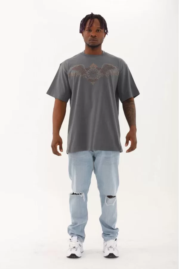 Luz&Pos Unisex Oversize Taşlı Bisiklet Yaka T-shirt - Füme
