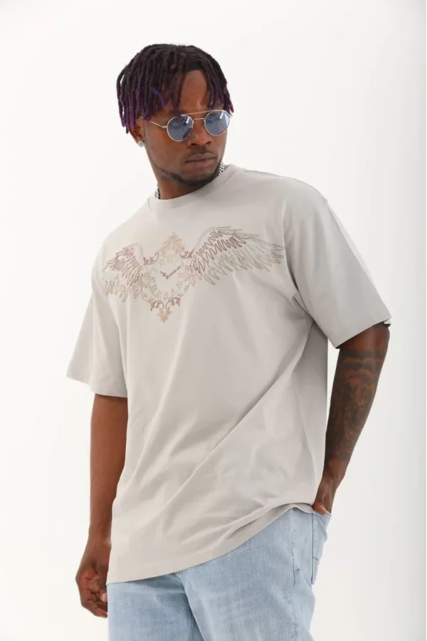 Luz&Pos Unisex Oversize Taşlı Bisiklet Yaka T-shirt - Gri