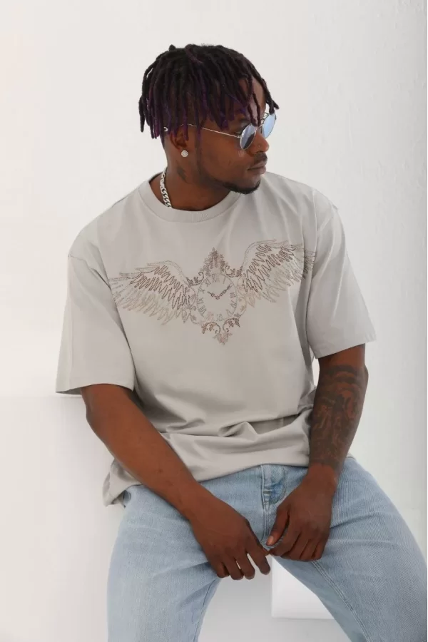 Luz&Pos Unisex Oversize Taşlı Bisiklet Yaka T-shirt - Gri