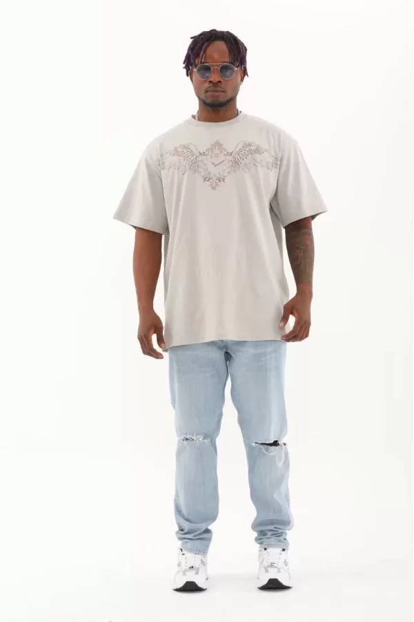 Luz&Pos Unisex Oversize Taşlı Bisiklet Yaka T-shirt - Gri