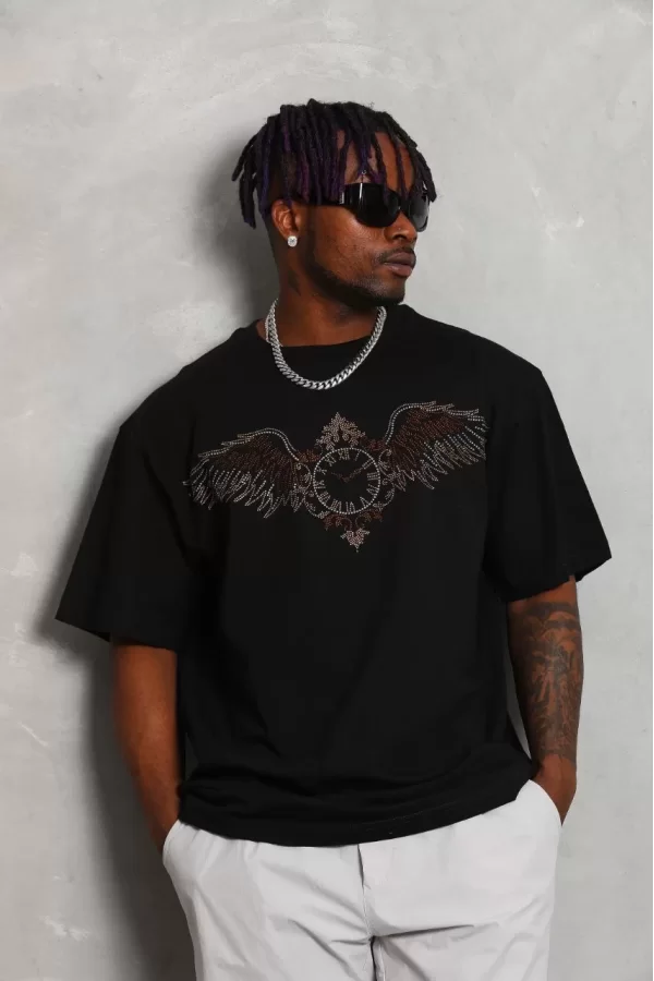 Luz&Pos Unisex Oversize Taşlı Bisiklet Yaka T-shirt - Siyah