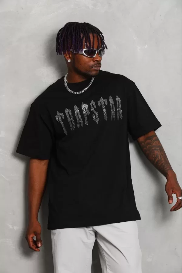 Luz&Pos Unisex Oversize Taşlı Bisiklet Yaka T-shirt - Siyah