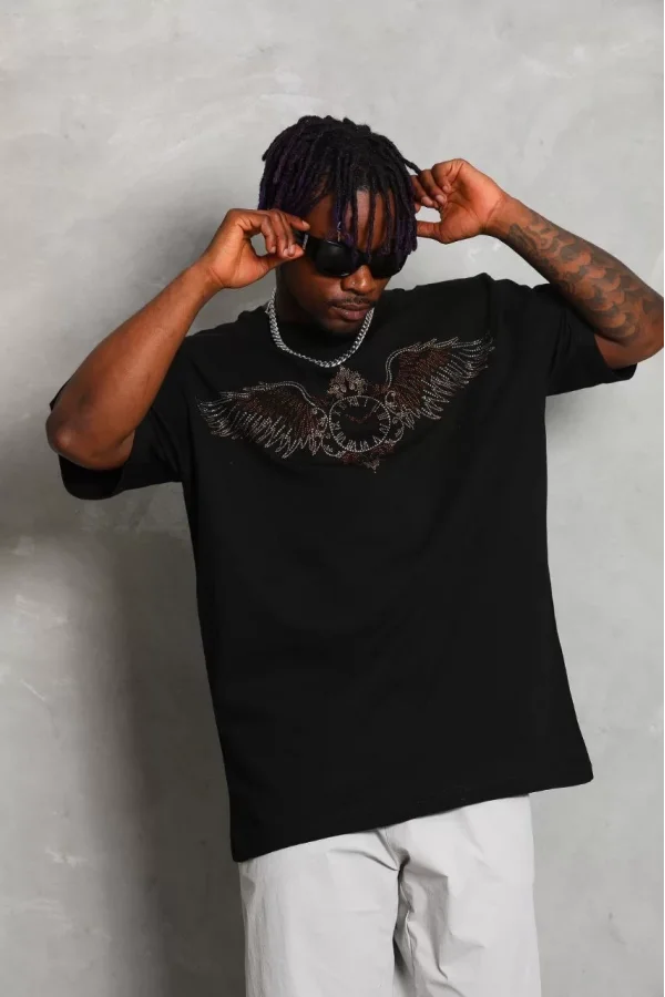 Luz&Pos Unisex Oversize Taşlı Bisiklet Yaka T-shirt - Siyah