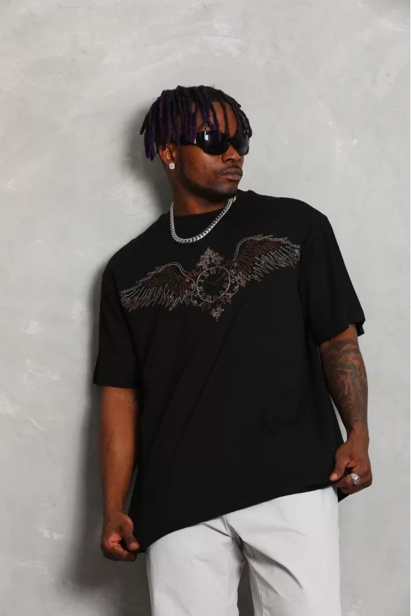 Luz&Pos Unisex Oversize Taşlı Bisiklet Yaka T-shirt - Siyah