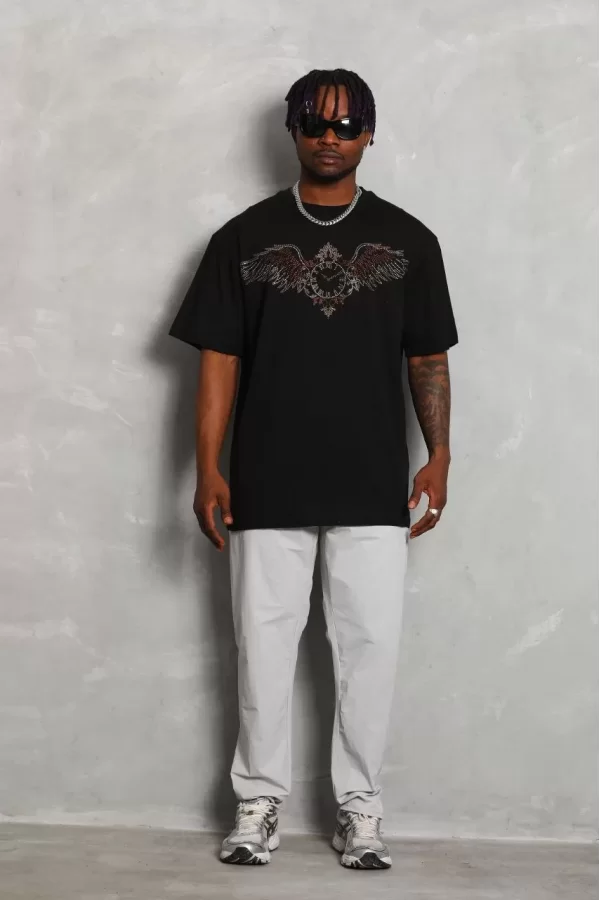 Luz&Pos Unisex Oversize Taşlı Bisiklet Yaka T-shirt - Siyah