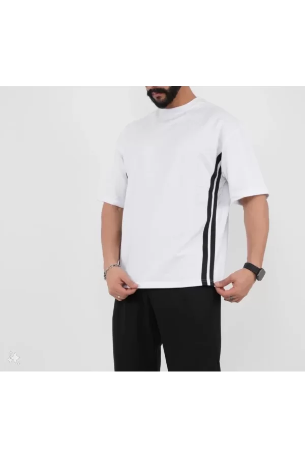 Unisex Oversize Yanları Şeritli T-Shirt - Beyaz
