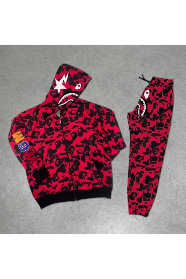 Unisex Pubg Bape X Shark Eşofman Takımı - Kırmızı