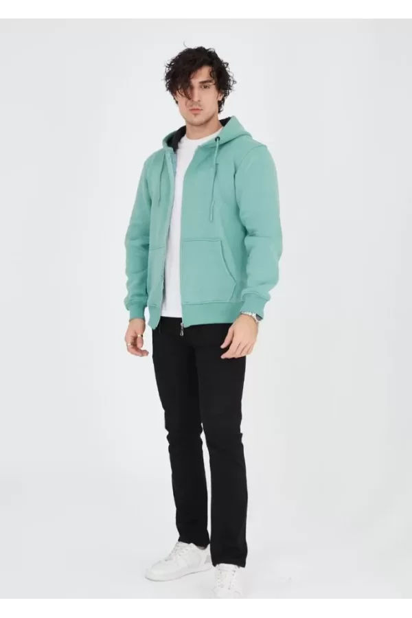 Unisex Tam Fermuarlı Kapşonlu  SweatShirt - Mint Yeşili