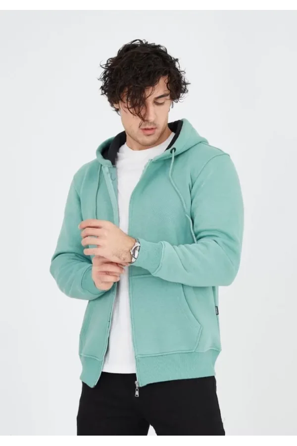 Unisex Tam Fermuarlı Kapşonlu  SweatShirt - Mint Yeşili