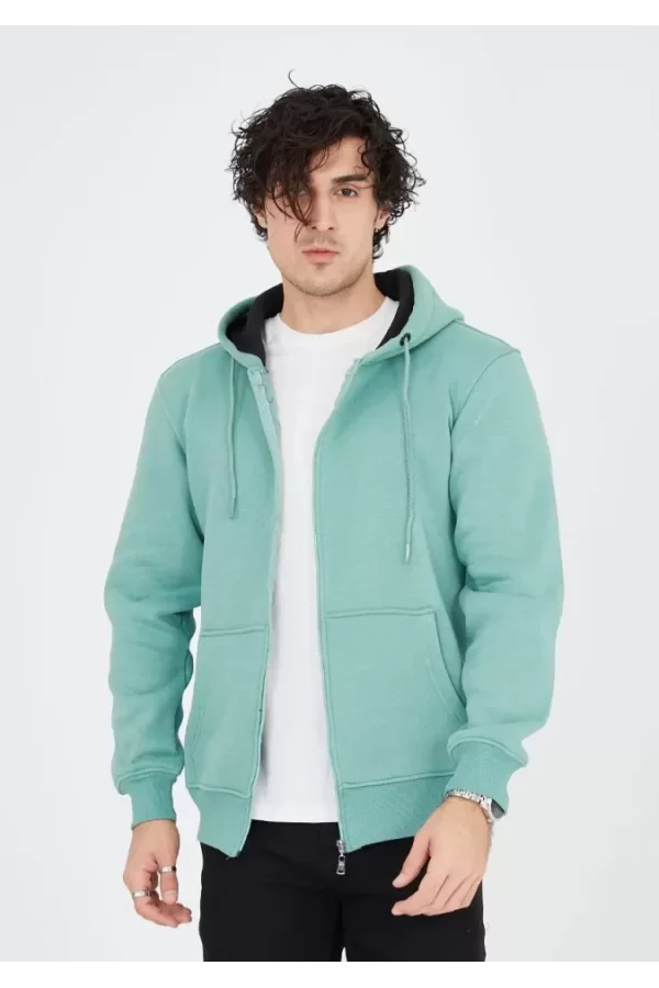 Unisex Tam Fermuarlı Kapşonlu  SweatShirt - Mint Yeşili