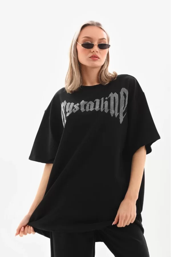 Luz&Pos Unisex Taş Desenli Oversize T-shirt - Beyaz