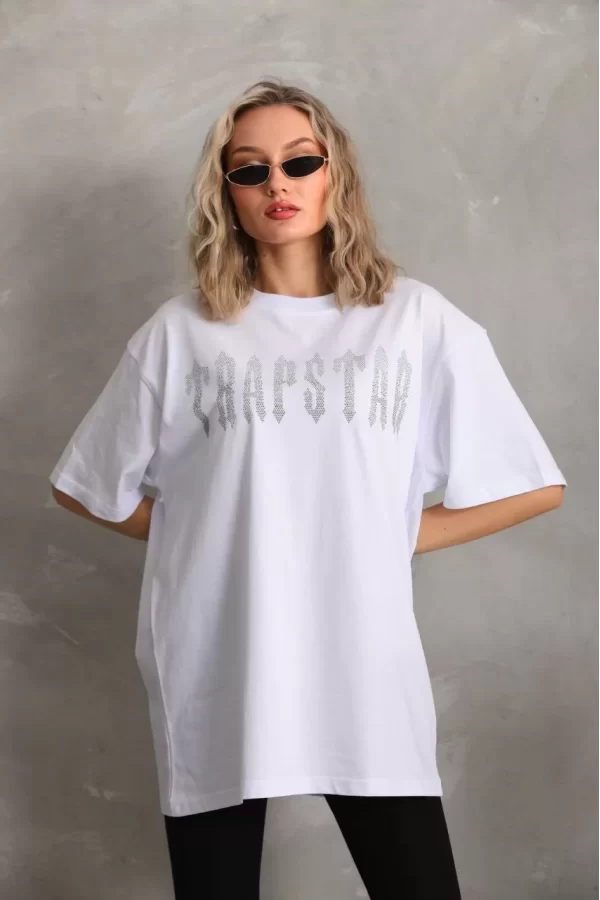 Luz&Pos Unisex Taş Desenli Oversize T-shirt - Beyaz