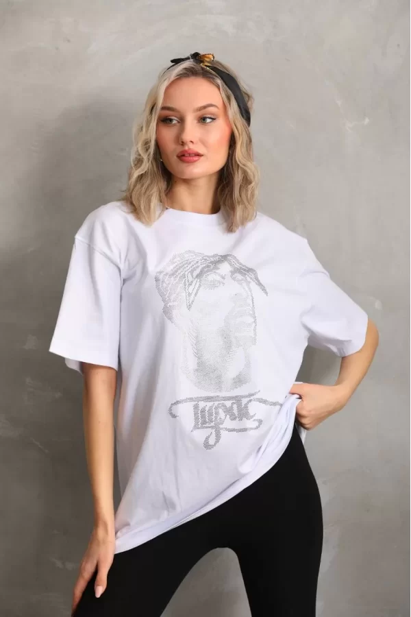 Luz&Pos Unisex Taş Desenli Oversize T-shirt - Beyaz