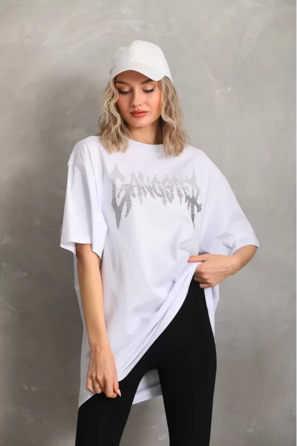 Luz&Pos Unisex Taş Desenli Oversize T-shirt - Beyaz
