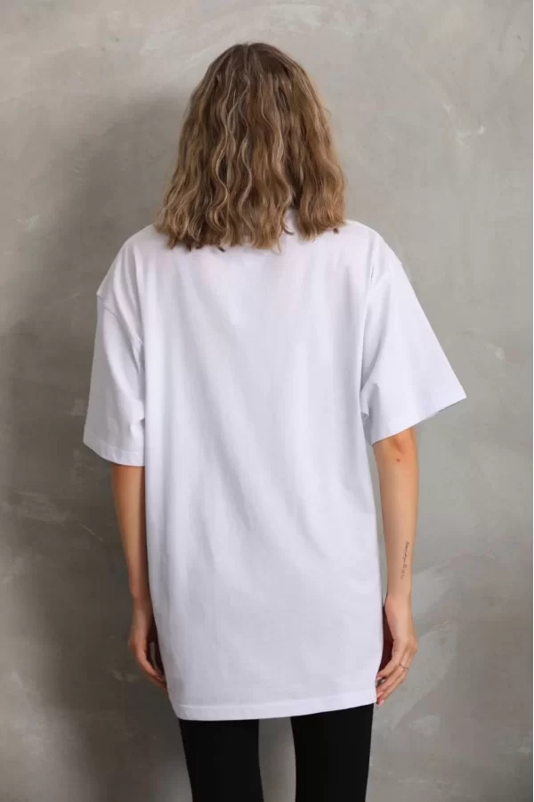 Luz&Pos Unisex Taş Desenli Oversize T-shirt - Beyaz
