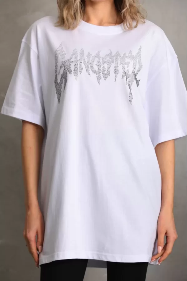 Luz&Pos Unisex Taş Desenli Oversize T-shirt - Beyaz