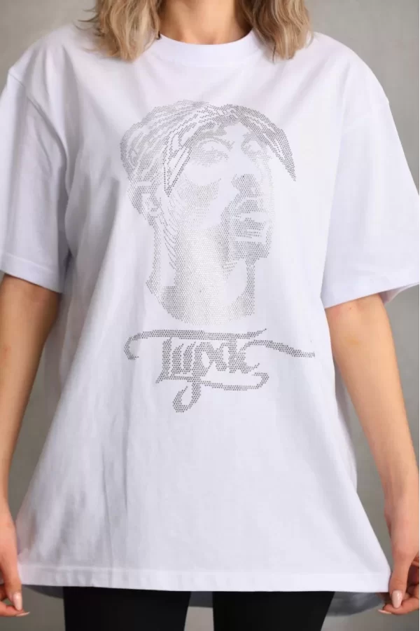 Luz&Pos Unisex Taş Desenli Oversize T-shirt - Beyaz