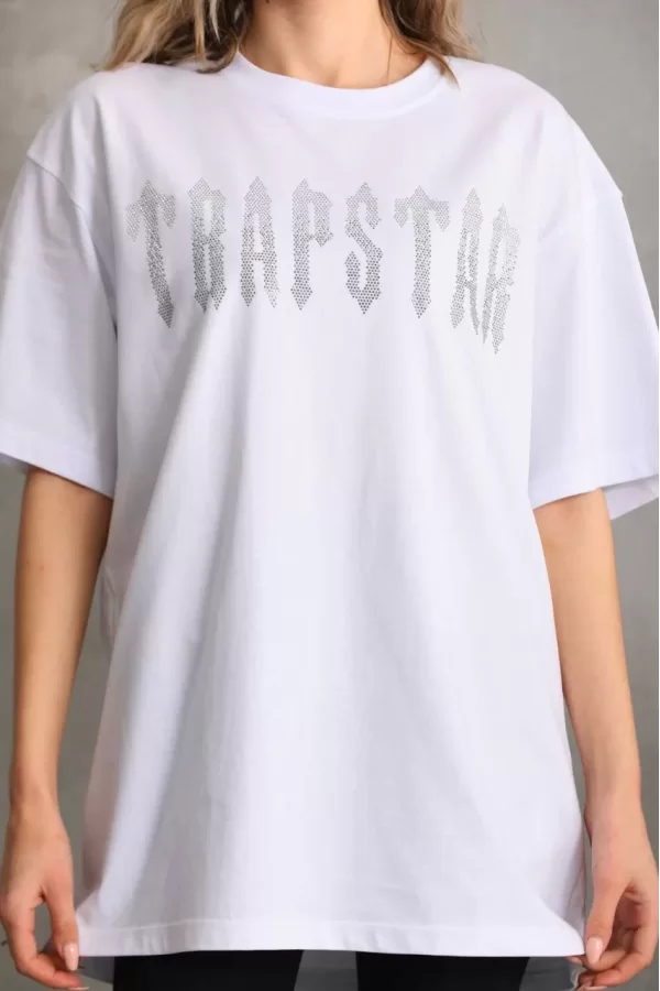 Luz&Pos Unisex Taş Desenli Oversize T-shirt - Beyaz