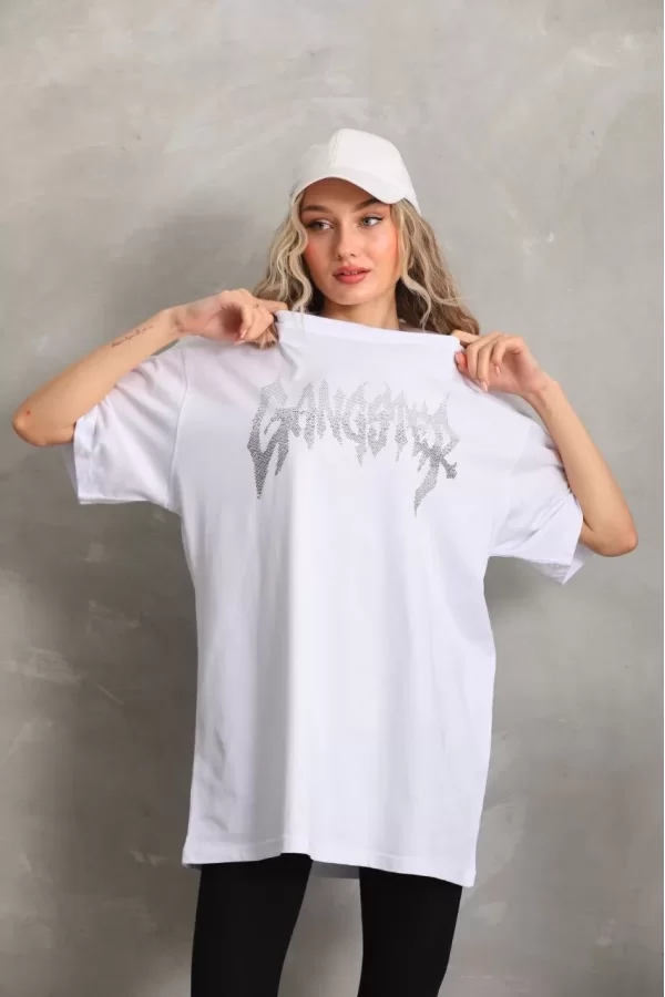 Luz&Pos Unisex Taş Desenli Oversize T-shirt - Beyaz
